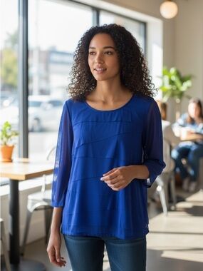 Alfani blouse top shirt  cobalt blue layered front solid back long-sleeve top M